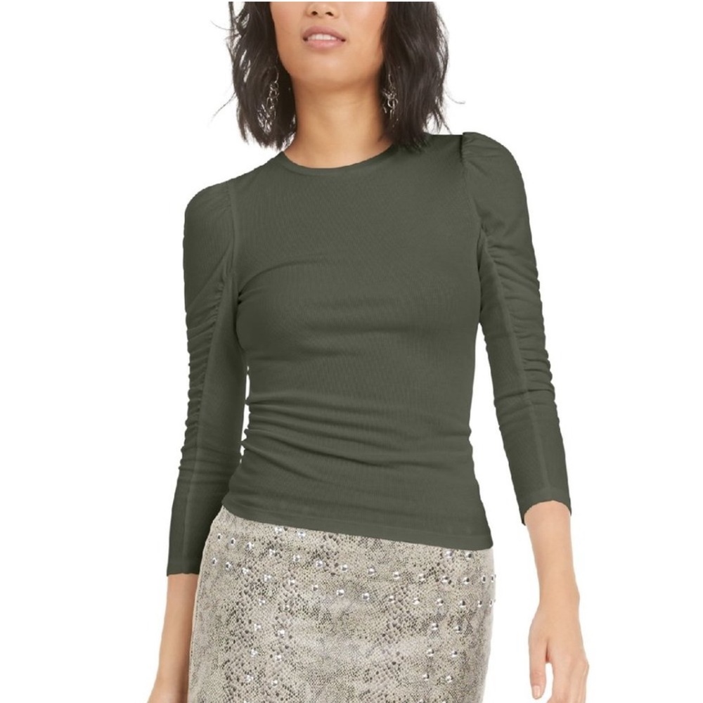 Bar III Greenish Gray Ruffled Long Sleeve Blouse